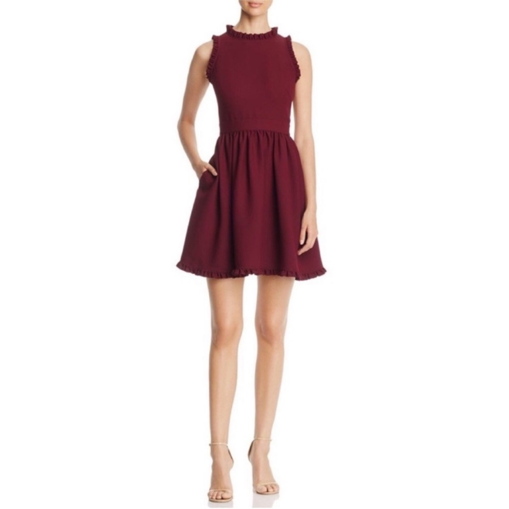 kate spade sleeveless ruffle-trim fit-and-flare mini dress in burgundy